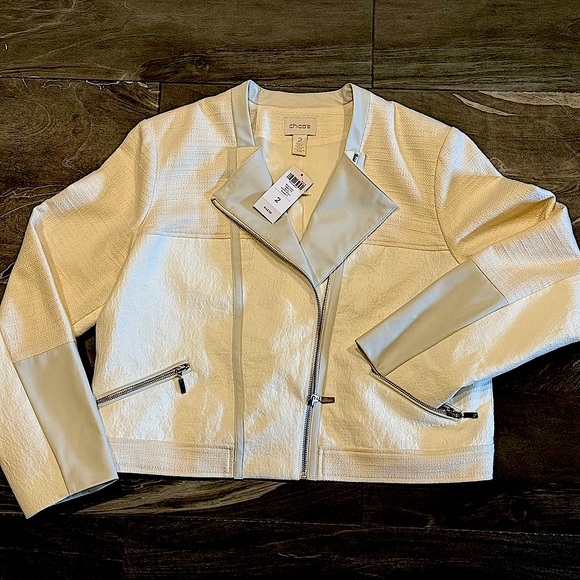 NWT CHICO’S Moto Jacket Size 2 (US 12) MSRP $149 Winter Wheat Cream with Pockets - Picture 4 of 16